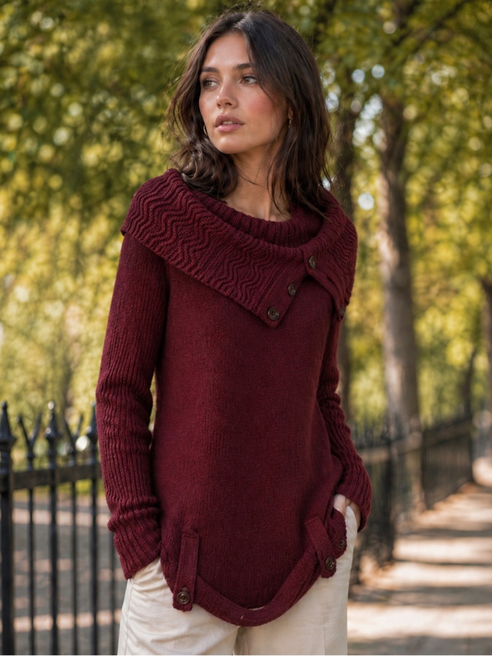 le chateau Off-the-Shoulder Burgundy Button-Trim Sweater